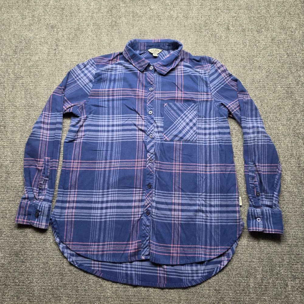 Orvis Womens Navy Blue Pink Plaid Flannel Button Down Shirt Size L 1404913